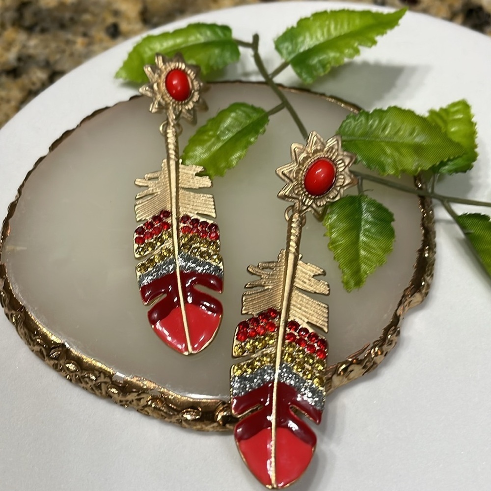 Stylish Red And Rhinestone Feather Gold Drop Earrings - Picture 9 of 14